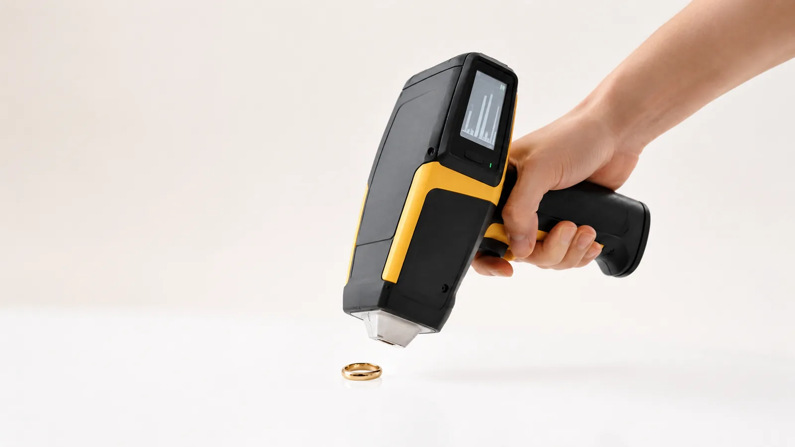 Espectrómetro NITON XL2 midiendo la ley de un anillo de oro, sin dañar la pieza