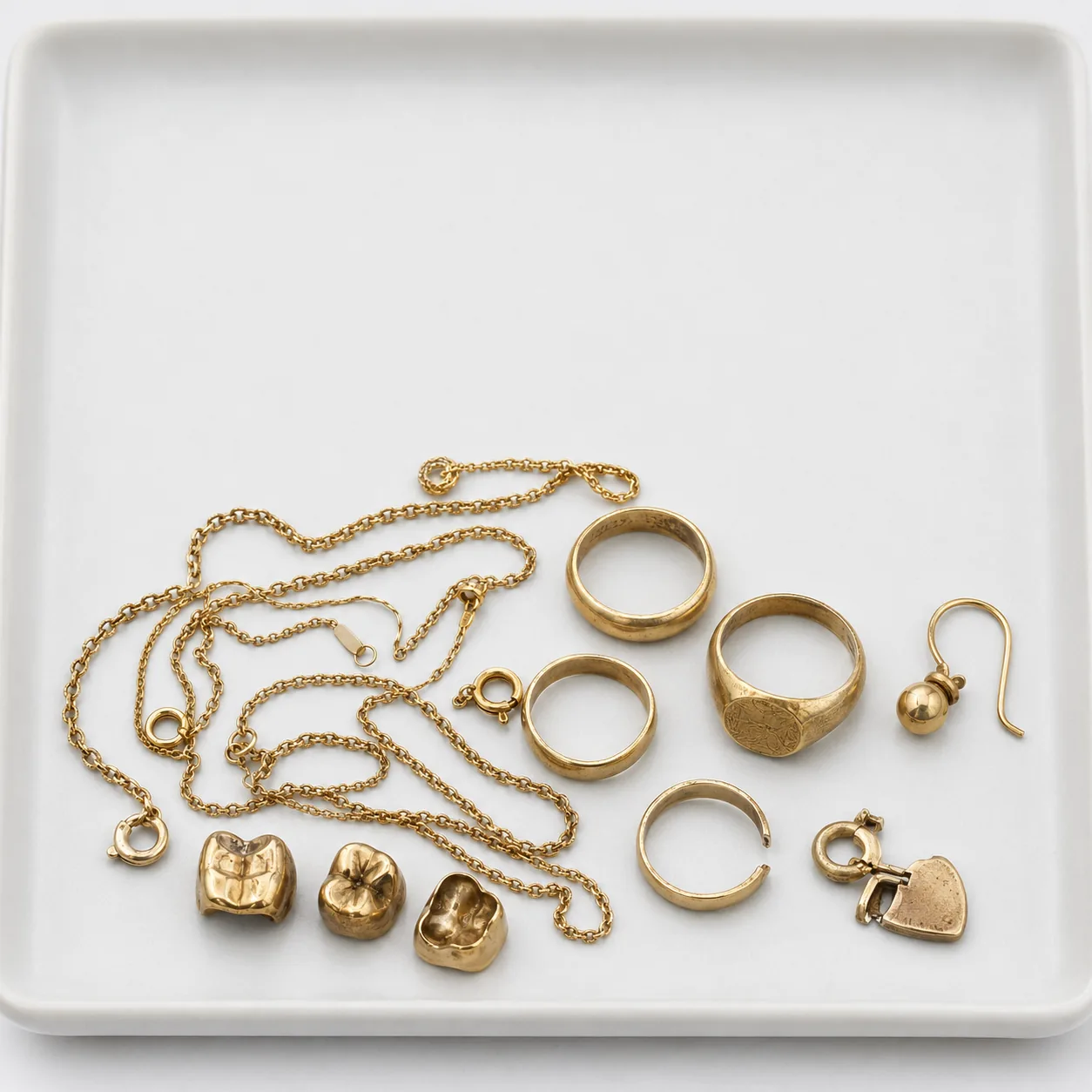 Cadenas, anillos, oro dental y piezas sueltas de oro que compramos
